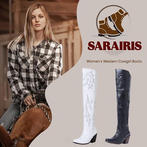 SaraIris المرأة أحذية رعاة البقر الأحذية الغربية أحذية راعية البقر أحذية كعب مكتنزة وأشار اصبع القدم المطرزة أحذية عالية في الركبة منتصف العجل سحب على الرمز البريدي للنساء in Kuwait