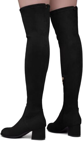 حذاء Land CARAA للسيدات ذو فخذ عالي قابل للتمدد وكعب عريض وسحاب خلفي من الدانتيل فوق الركبة حذاء كاجوال in Kuwait