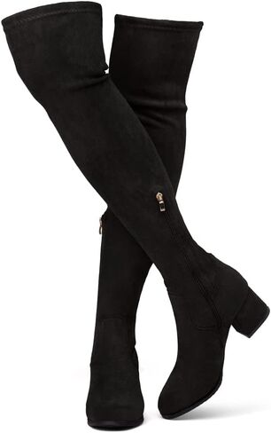 حذاء Land CARAA للسيدات ذو فخذ عالي قابل للتمدد وكعب عريض وسحاب خلفي من الدانتيل فوق الركبة حذاء كاجوال in Kuwait