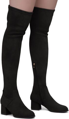 حذاء Land CARAA للسيدات ذو فخذ عالي قابل للتمدد وكعب عريض وسحاب خلفي من الدانتيل فوق الركبة حذاء كاجوال in Kuwait