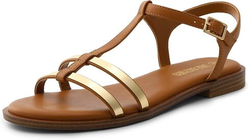 DREAM PAIRS Women's T-Strap Gladiator Flat Sandals with Open Toe Strappy Metal Buckle for Summer in Saudi Arabia