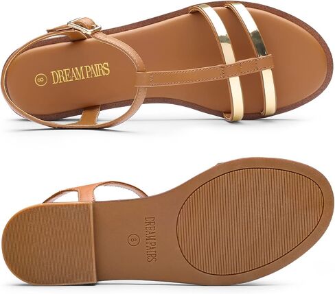 DREAM PAIRS Women's T-Strap Gladiator Flat Sandals with Open Toe Strappy Metal Buckle for Summer in Saudi Arabia