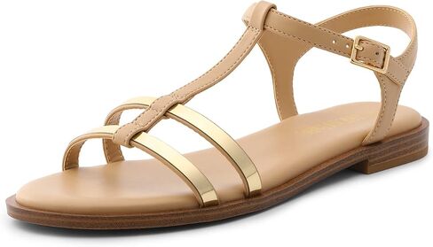 DREAM PAIRS Women's T-Strap Gladiator Flat Sandals with Open Toe Strappy Metal Buckle for Summer in Saudi Arabia