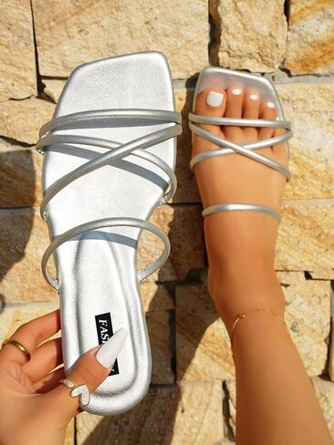 GORGLITTER PU Leather Flat Slip on Sandals Cross Strap Open Toe Summer Slide Sandals in Saudi Arabia