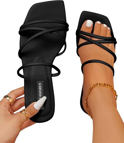 GORGLITTER PU Leather Flat Slip on Sandals Cross Strap Open Toe Summer Slide Sandals in Saudi Arabia
