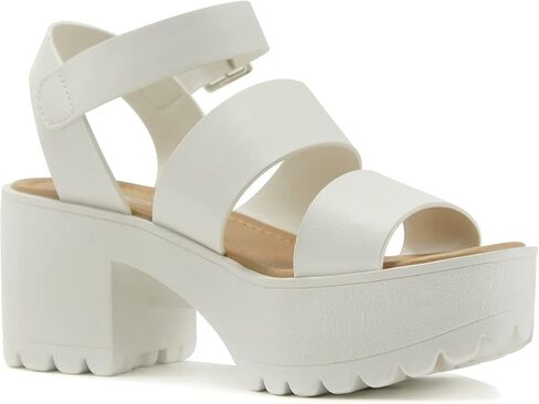 Soda ACCOUNT ~ Women Open Toe Two Bands Lug sole Fashion Block Heel Sandals with Adjustable Ankle Strap in Saudi Arabia