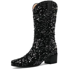 KISSASA Sequin Sparkly Mid Calf Cowboy Boots Glitter Wedding Chunky Heeled Cowgirl Boots