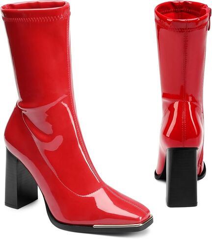 أحذية DREAM PAIRS النسائية ذات المقدمة المربعة من Gogo أحذية الكاحل المرنة بكعب عالٍ مكتنز أحذية منتصف الساق in Kuwait