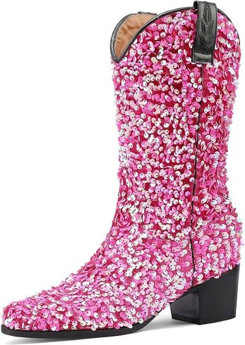 KISSASA Sequin Sparkly Mid Calf Cowboy Boots Glitter Wedding Chunky Heeled Cowgirl Boots in Saudi Arabia