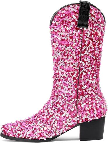KISSASA Sequin Sparkly Mid Calf Cowboy Boots Glitter Wedding Chunky Heeled Cowgirl Boots in Saudi Arabia