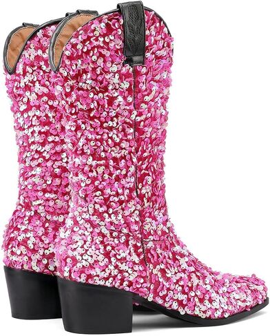 KISSASA Sequin Sparkly Mid Calf Cowboy Boots Glitter Wedding Chunky Heeled Cowgirl Boots in Saudi Arabia