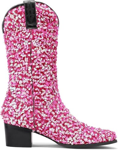 KISSASA Sequin Sparkly Mid Calf Cowboy Boots Glitter Wedding Chunky Heeled Cowgirl Boots in Saudi Arabia