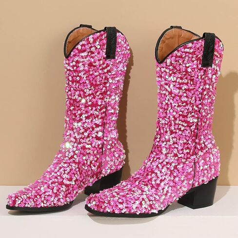 KISSASA Sequin Sparkly Mid Calf Cowboy Boots Glitter Wedding Chunky Heeled Cowgirl Boots in Saudi Arabia