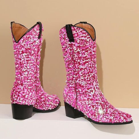 KISSASA Sequin Sparkly Mid Calf Cowboy Boots Glitter Wedding Chunky Heeled Cowgirl Boots in Saudi Arabia