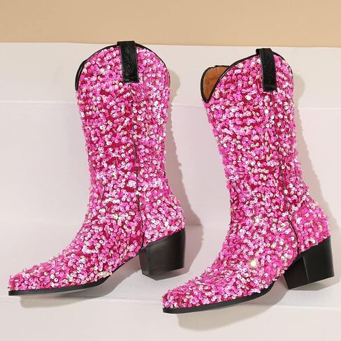 KISSASA Sequin Sparkly Mid Calf Cowboy Boots Glitter Wedding Chunky Heeled Cowgirl Boots in Saudi Arabia