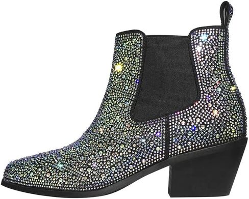 sexytag Women's Rhinestone Western Sparkly Cowboy Chelsea Boots Chunky Low Heel Pointed Toe Pull-On Short Ankle Booties in Saudi Arabia