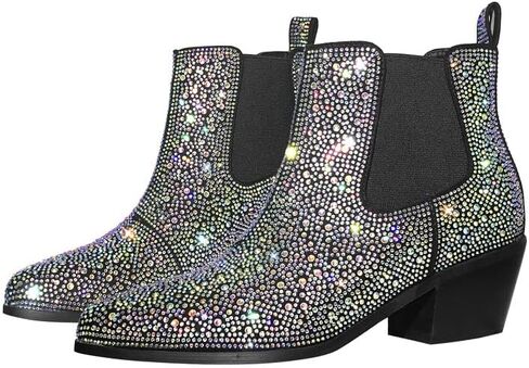 sexytag Women's Rhinestone Western Sparkly Cowboy Chelsea Boots Chunky Low Heel Pointed Toe Pull-On Short Ankle Booties in Saudi Arabia