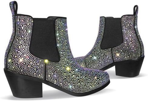 sexytag Women's Rhinestone Western Sparkly Cowboy Chelsea Boots Chunky Low Heel Pointed Toe Pull-On Short Ankle Booties in Saudi Arabia