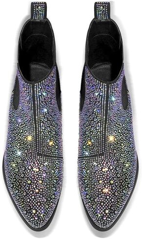 sexytag Women's Rhinestone Western Sparkly Cowboy Chelsea Boots Chunky Low Heel Pointed Toe Pull-On Short Ankle Booties in Saudi Arabia