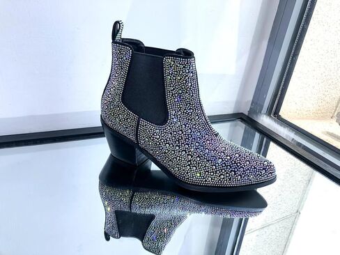 sexytag Women's Rhinestone Western Sparkly Cowboy Chelsea Boots Chunky Low Heel Pointed Toe Pull-On Short Ankle Booties in Saudi Arabia