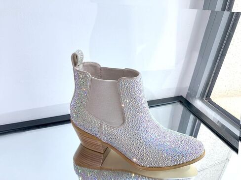 sexytag Women's Rhinestone Western Sparkly Cowboy Chelsea Boots Chunky Low Heel Pointed Toe Pull-On Short Ankle Booties in Saudi Arabia