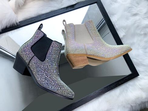 sexytag Women's Rhinestone Western Sparkly Cowboy Chelsea Boots Chunky Low Heel Pointed Toe Pull-On Short Ankle Booties in Saudi Arabia