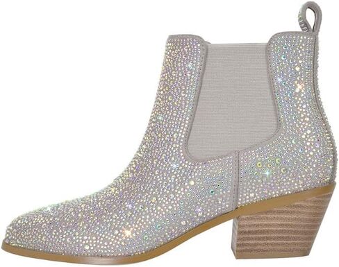 sexytag Women's Rhinestone Western Sparkly Cowboy Chelsea Boots Chunky Low Heel Pointed Toe Pull-On Short Ankle Booties in Saudi Arabia