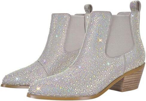 sexytag Women's Rhinestone Western Sparkly Cowboy Chelsea Boots Chunky Low Heel Pointed Toe Pull-On Short Ankle Booties in Saudi Arabia