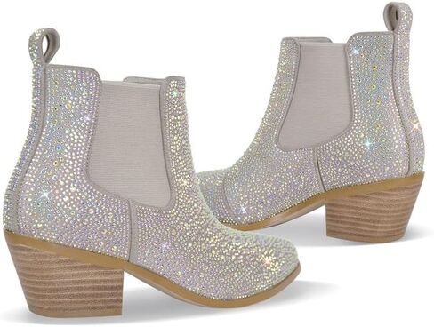 sexytag Women's Rhinestone Western Sparkly Cowboy Chelsea Boots Chunky Low Heel Pointed Toe Pull-On Short Ankle Booties in Saudi Arabia