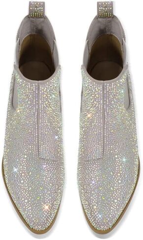 sexytag Women's Rhinestone Western Sparkly Cowboy Chelsea Boots Chunky Low Heel Pointed Toe Pull-On Short Ankle Booties in Saudi Arabia