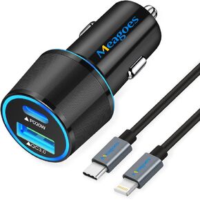 Fast USB C Car Charger, Meagoes 20W PD Rapid Charging Adapter Compatible for Apple iPhone 14 Pro Max/14 Pro/14 Plus/14/13/12/Mini/11/XS/XR/X/8 Plus/SE 3-3.3ft MFi Certified Type C to Lightning Cable in Kuwait