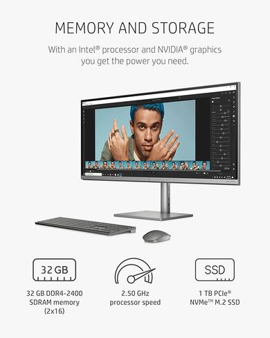 HP Envy 34" All-in-One Desktop, NVIDIA GeForce RTX 3060, 11th Gen Intel Core i7-11700 Processor, 32 GB RAM, 1 TB SSD, WUHD IPS Display, Windows 11 Home, Detachable Magnetic Camera (34-c0050, 2021) in Saudi Arabia