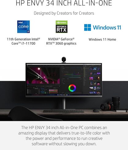 HP Envy 34" All-in-One Desktop, NVIDIA GeForce RTX 3060, 11th Gen Intel Core i7-11700 Processor, 32 GB RAM, 1 TB SSD, WUHD IPS Display, Windows 11 Home, Detachable Magnetic Camera (34-c0050, 2021) in Saudi Arabia