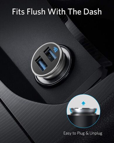 Anker 320 Car Charger (24W II), Mini Aluminum Alloy Dual USB with Blue LED for iPhone15 14 13 12 Series, iPad Pro/Air 2/Mini, Galaxy and More - Not Compatible with Quick Charge in Saudi Arabia