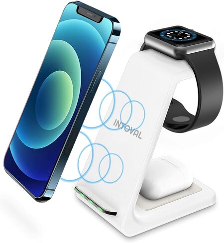 Intoval Wireless Charging Station, 3 in 1 Charger for Apple iPhone/iWatch/Airpods,iPhone15,14,13,12,11 (Pro,Pro Max)/XS/XR/XS,iWatch9/8/Ultra2/1/7/6/SE/5/4/3/2,Airpods Pro2/Pro1/3 (A3,Black) in Kuwait