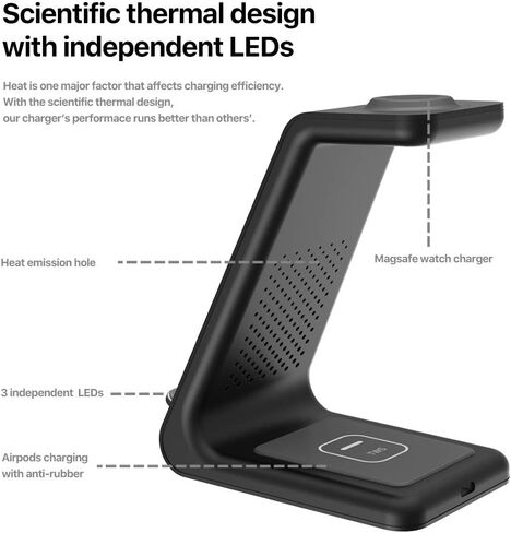 Intoval Wireless Charging Station, 3 in 1 Charger for Apple iPhone/iWatch/Airpods,iPhone15,14,13,12,11 (Pro,Pro Max)/XS/XR/XS,iWatch9/8/Ultra2/1/7/6/SE/5/4/3/2,Airpods Pro2/Pro1/3 (A3,Black) in Kuwait
