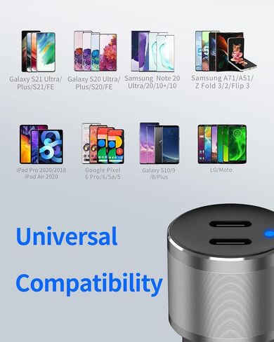 Dual USB C Car Charger, 60W PD (30W + 30W) Super Fast Charging Adapter Metal Compatible for Samsung Galaxy S22 Ultra/Plus/S21 Fe, Note 20/10, Google Pixel 6 Pro/6, iPad + 2X Type C to C Cable 3.3Ft in Kuwait