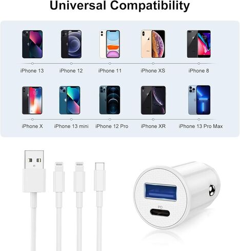 شاحن سيارة iPhone معتمد من Apple MFi، محول شاحن سيارة USB C شحن سريع لهاتف iPhone 13 Pro Max/12 Mini/11/XS/8/7/6/iPad، ولاعة سجائر مزدوجة المنفذ مع 2 كابل لايتنينج لشاحن iPhone in Kuwait