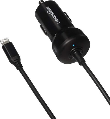 Amazon Basics 12W (5V, 2.4A) Fast Car Charger with Coiled Lightning Cable, MFi Certified for iPhone, iPad and Apple Devices, 1.5 ft, Black in Saudi Arabia