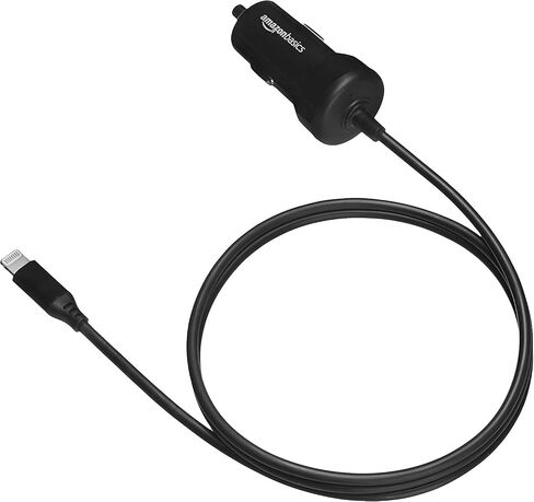 Amazon Basics 12W (5V, 2.4A) Fast Car Charger with Coiled Lightning Cable, MFi Certified for iPhone, iPad and Apple Devices, 1.5 ft, Black in Saudi Arabia