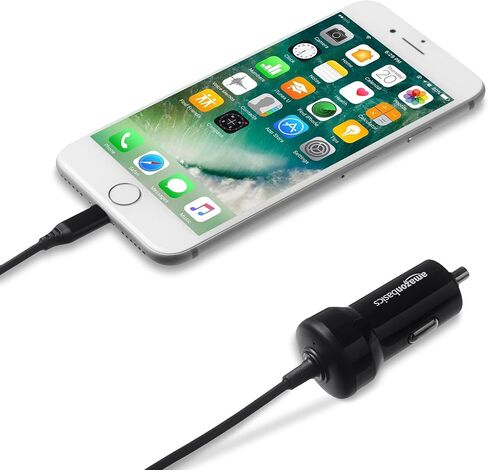 Amazon Basics 12W (5V, 2.4A) Fast Car Charger with Coiled Lightning Cable, MFi Certified for iPhone, iPad and Apple Devices, 1.5 ft, Black in Saudi Arabia