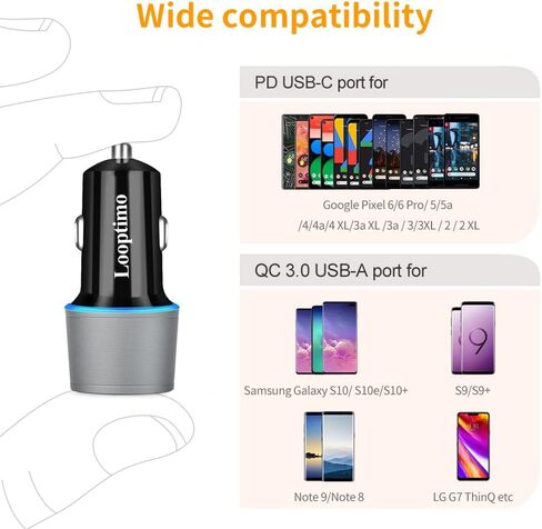 شاحن سيارة USB C سريع، متوافق مع Google Pixel 7/7 Pro/6/6a/6 Pro/5a/5/4a/4/4 XL/3 XL/3/3a XL/3a/2، توصيل طاقة 30 وات وسريع محول سيارة Charge 3.0 (يتضمن كابل شحن سريع من النوع C بطول 3.3 قدم) in Kuwait