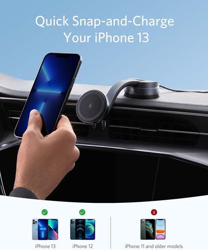 Anker Magnetic Wireless Charger (MagGo), 613 Car Charging Mount with 2-Port USB Car Charger, 5 ft USB-C to USB-A Cable, Strong Magnetic Alignment only for iPhone 13, 13 Pro, 13 Pro Max, 13 Mini, 12 in Saudi Arabia