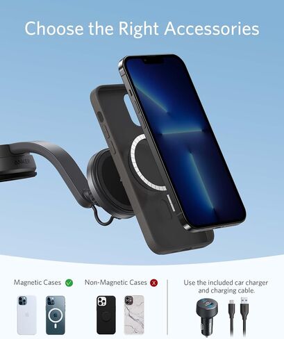 Anker Magnetic Wireless Charger (MagGo), 613 Car Charging Mount with 2-Port USB Car Charger, 5 ft USB-C to USB-A Cable, Strong Magnetic Alignment only for iPhone 13, 13 Pro, 13 Pro Max, 13 Mini, 12 in Saudi Arabia