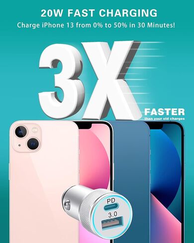 شاحن سيارة سريع LUOSIKE 20 وات USB C لهواتف iPhone 14/13 /12 / Pro Max/Mini /11 /XS/XR/X /8، iPad، AirPods (محول سيارة PD مزدوج لتوصيل الطاقة مع كابل USB C معتمد من MFi إلى Lightning بطول 3 أقدام ) in Kuwait