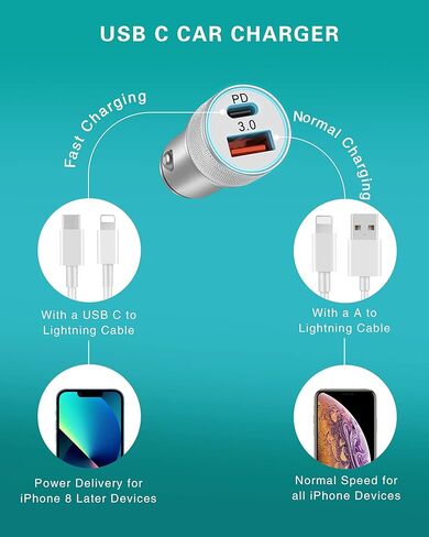 شاحن سيارة سريع LUOSIKE 20 وات USB C لهواتف iPhone 14/13 /12 / Pro Max/Mini /11 /XS/XR/X /8، iPad، AirPods (محول سيارة PD مزدوج لتوصيل الطاقة مع كابل USB C معتمد من MFi إلى Lightning بطول 3 أقدام ) in Kuwait