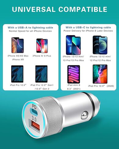 شاحن سيارة سريع LUOSIKE 20 وات USB C لهواتف iPhone 14/13 /12 / Pro Max/Mini /11 /XS/XR/X /8، iPad، AirPods (محول سيارة PD مزدوج لتوصيل الطاقة مع كابل USB C معتمد من MFi إلى Lightning بطول 3 أقدام ) in Kuwait