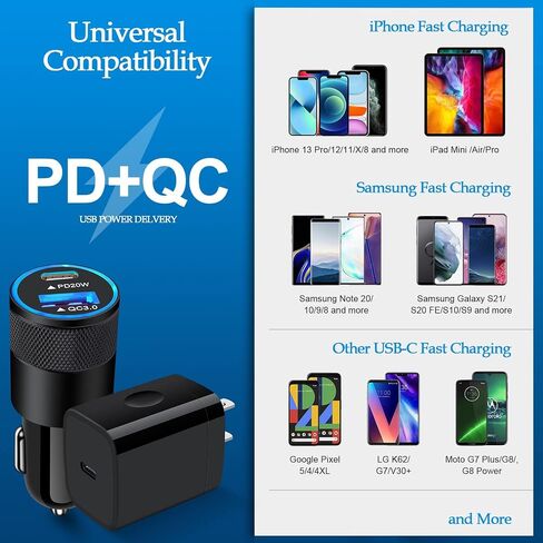 Super Fast Charger Kit,20W PD USB Phone Charger Block 38W USB Fast Car Charger for Samsung Galaxy A13 5G,A03s,A53,S22 Ultra,S21 FE,Z Fold4;Google Pixel 6a,6 Pro,5;iPad Pro,with 2 Pack 6FT C-to-C Cable in Saudi Arabia