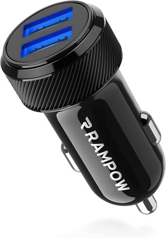 شاحن سيارة RAMPOW 24W/12V 4.8A محول USB ولاعة سجائر مزدوج مع LED أزرق لهاتف iPhone 14/13/12/11/X/8/7/6/5/SE، iPad Pro/Air 2/Mini، Samsung Galaxy S9/ S8/S7، موتورولا، إل جي، إتش تي سي، تابلت والمزيد - أسود in Kuwait