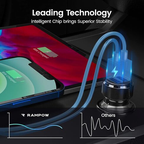 شاحن سيارة RAMPOW 24W/12V 4.8A محول USB ولاعة سجائر مزدوج مع LED أزرق لهاتف iPhone 14/13/12/11/X/8/7/6/5/SE، iPad Pro/Air 2/Mini، Samsung Galaxy S9/ S8/S7، موتورولا، إل جي، إتش تي سي، تابلت والمزيد - أسود in Kuwait
